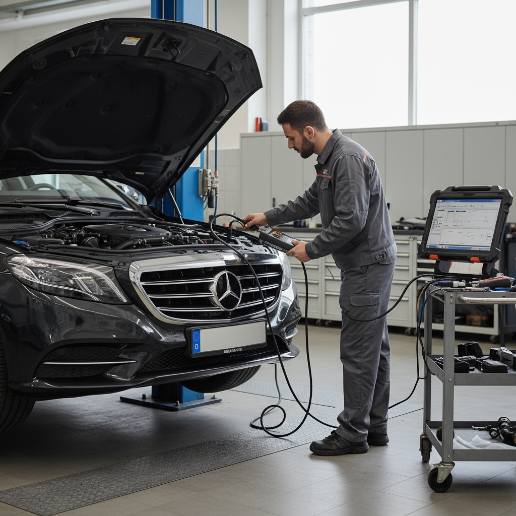 Techniker bei der Motorabstimmung mit Diagnosetools